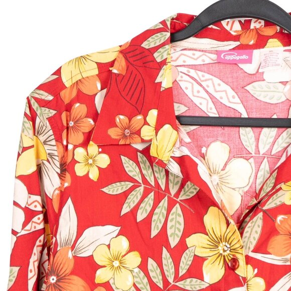 Pappagallo Hawaiian Shirt Womens XL Red Floral Ruched Drawstring Side Buttons - Picture 2 of 6